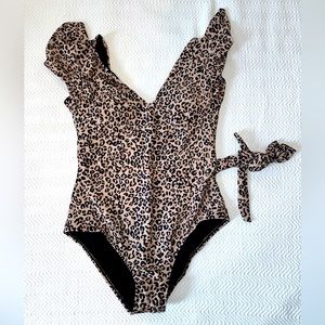 New Leopard print one piece swim suit with tie/belt and ruffle sleeve.